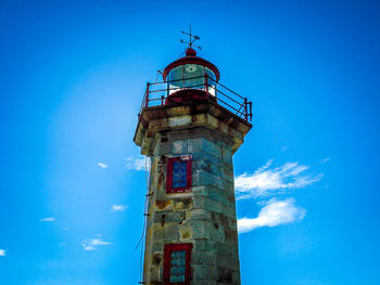 Low angle view of tower against blue sky