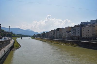 Bridge over river by buildings against sky