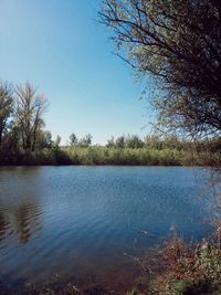 Scenic view of lake against clear blue sky