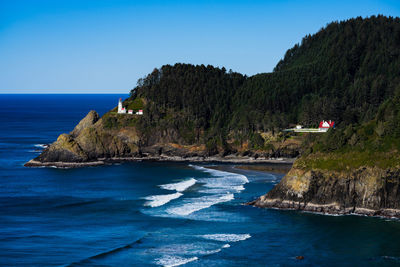 Scenic view of sea against clear blue sky