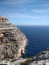 Rock formations by sea against sky