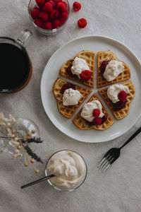 High angle view of waffles on plate