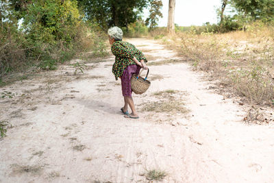 Mushroom picking season gray-haired hunchbacked old woman crouching in the autumn forest