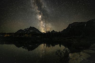 Scenic view of lake against sky at night