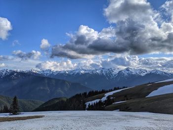 Scenic view of snowcapped mountains against sky