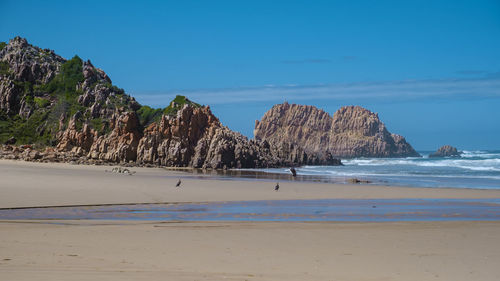 Scenic view of beach against clear blue sky