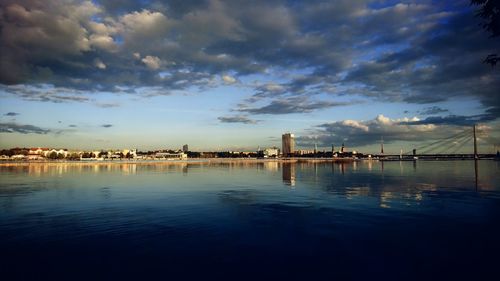 Scenic view of sea against sky in city