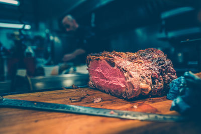 Close-up of stake on cutting board