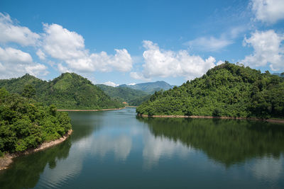 Scenic view of lake by trees against sky