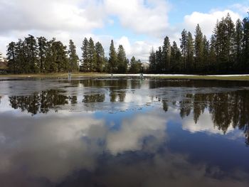 Scenic view of lake against cloudy sky