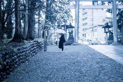 Rear view of woman walking on footpath in city