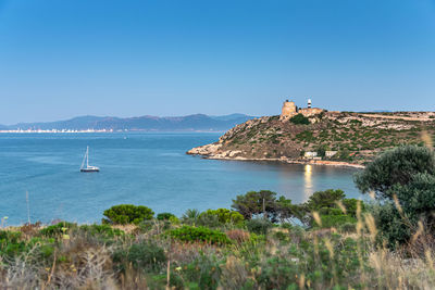 Scenic view of sea against clear blue sky