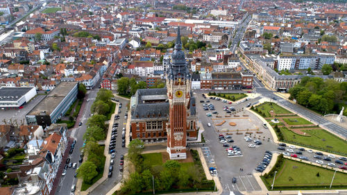 High angle view of street amidst buildings in city