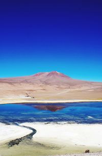 Scenic view of desert against clear blue sky