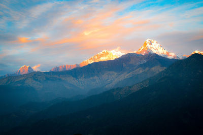 Scenic view of snowcapped mountains against sky during sunset