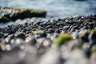 Beach pebbles with sparking sun bokeh and foamy sea waves