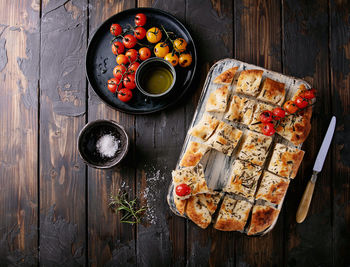 High angle view of food served on table