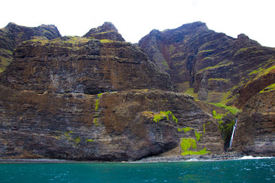 Rock formations by sea against sky