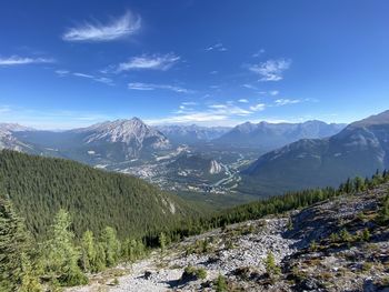 Scenic view of snowcapped mountains against blue sky