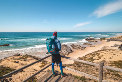 Rear view of man standing at beach against sky