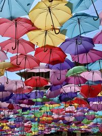 Low angle view of umbrellas hanging on clothesline