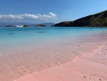 Scenic view of sea against sky as t the pink long beach on komodo island 