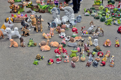 High angle view of toys on street in city