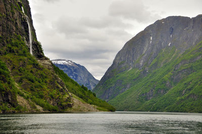 Scenic view of river amidst mountains against sky