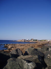 Scenic view of sea against clear blue sky