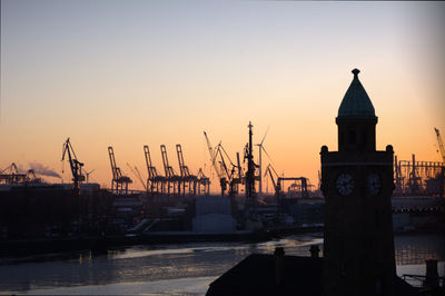 Commercial dock against clear sky during sunset