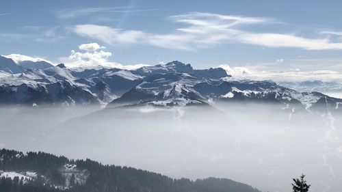 Scenic view of snowcapped mountains against sky