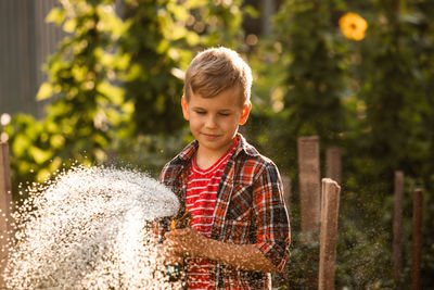 Portrait of boy holding leaf against plants