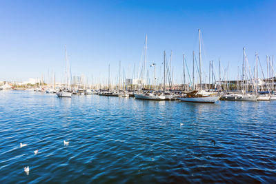 Sailboats moored on sea against clear blue sky