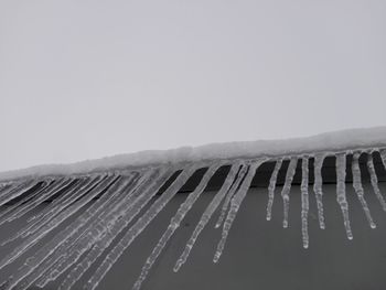 Low angle view of icicles on mountain against clear sky