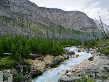 Scenic view of waterfall against sky