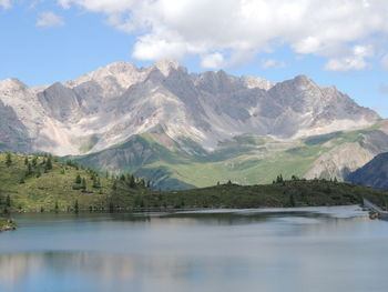 Scenic view of lake and mountains against sky