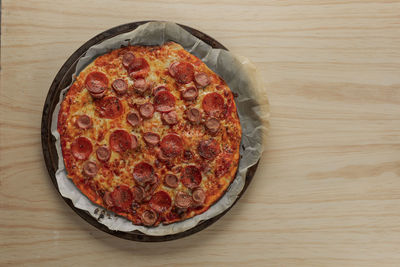 High angle view of pizza on table