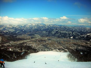 Aerial view of mountain range in winter
