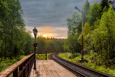 Railroad track amidst trees against sunset sky