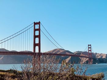 View of suspension bridge against clear sky