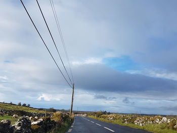 Electricity pylon by road against sky