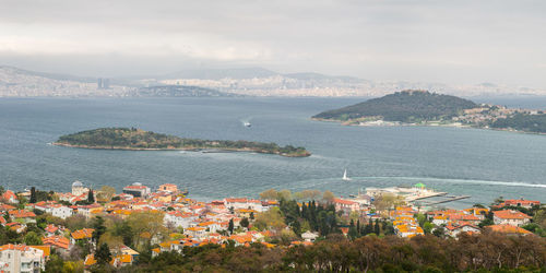 Aerial view of city against cloudy sky