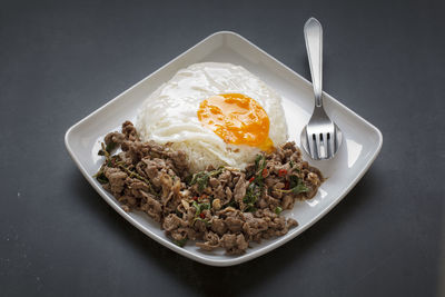 High angle view of breakfast served on table