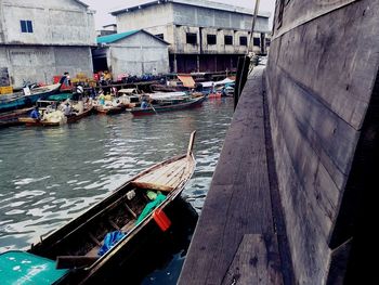 High angle view of boats moored in water