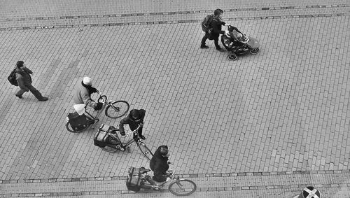 High angle view of people on street