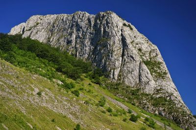 Low angle view of rocks against clear sky