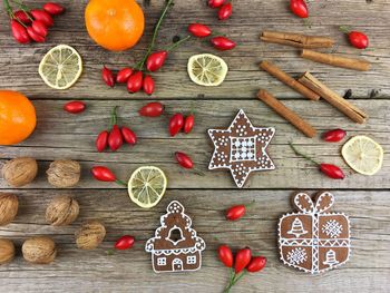 High angle view of christmas decorations on table