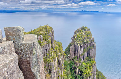 The dolerite rock columns of bishop and clerk formation at maria island, tasmania, australia 