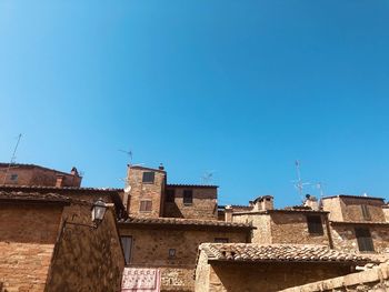 Low angle view of old building against clear blue sky