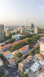 High angle view of cityscape against clear sky